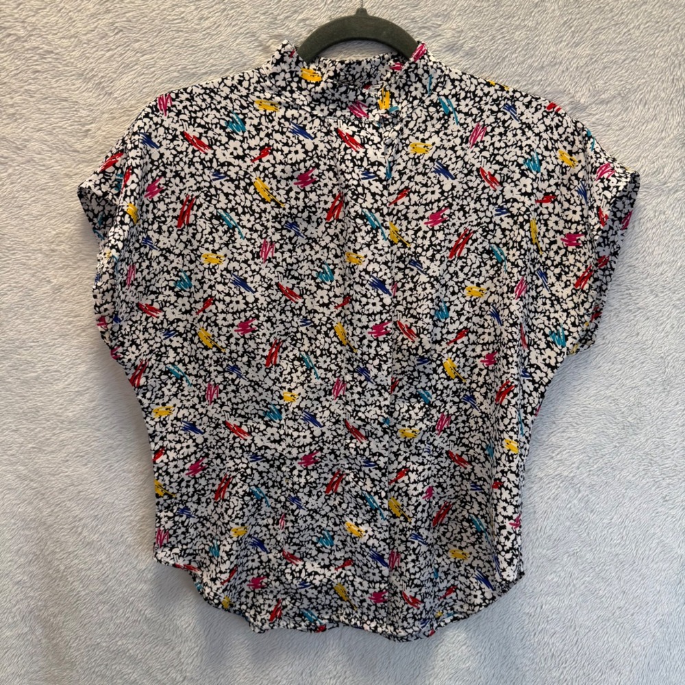 Vintage 90s Abstract Floral Mock Neck Button Up Blouse Retro Cap Sleeve Top